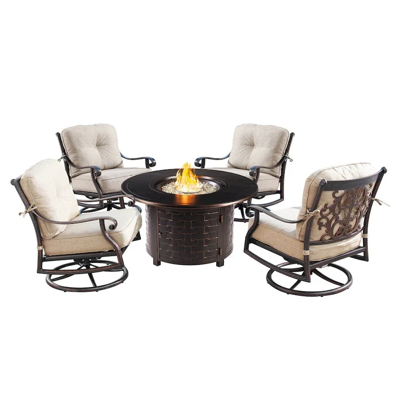 Outdoor Aluminum 44 in. Round Fire Table Set with Four Deep Seating Swivel Rocking Chairs & Accessories
