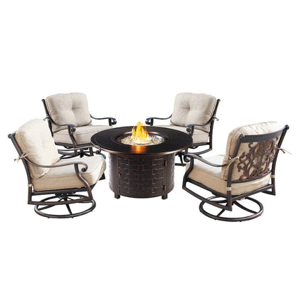 Outdoor Aluminum 44 in. Round Fire Table Set with Four Deep Seating Swivel Rocking Chairs & Accessories