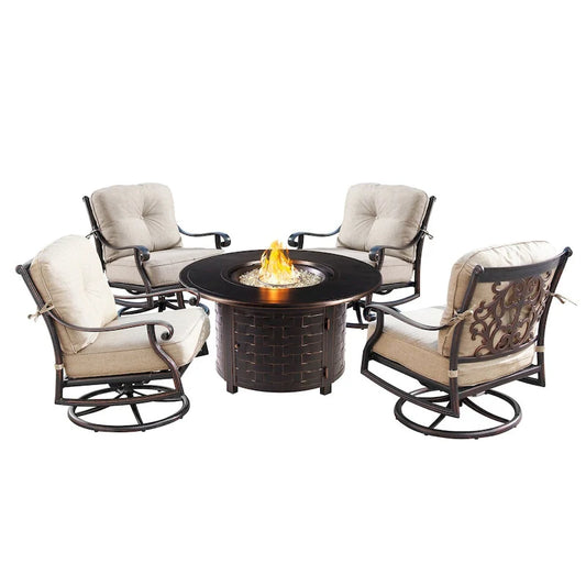 Outdoor Aluminum 44 in. Round Fire Table Set with Four Deep Seating Swivel Rocking Chairs & Accessories