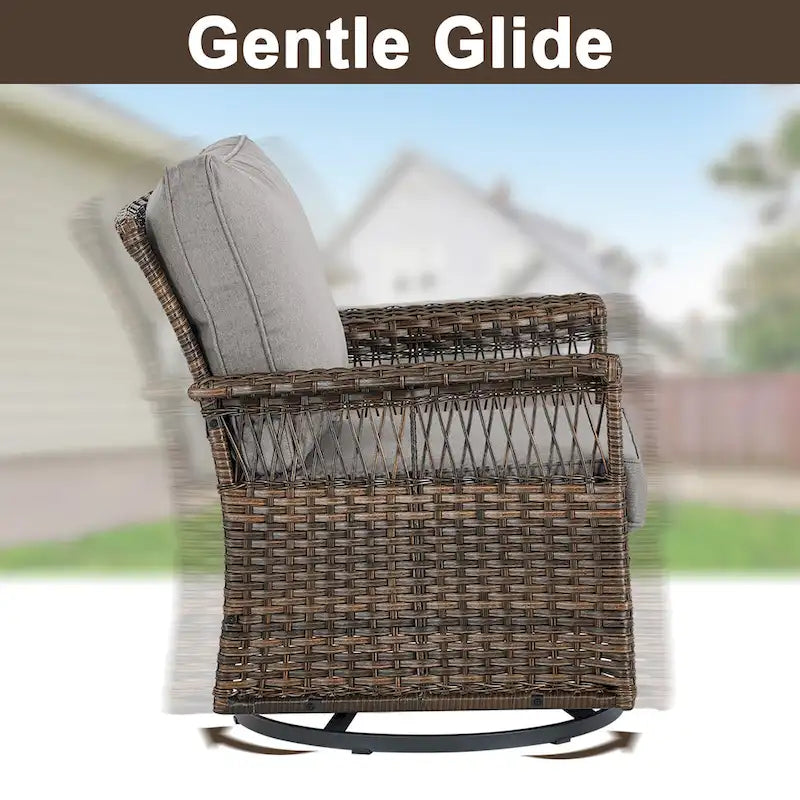 Gymojoy 3PCS Outdoor Swivel Gliders Chair Table with Ottoman - Brown