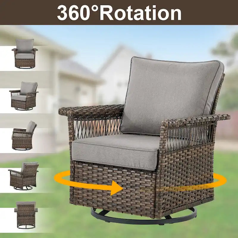Gymojoy 3PCS Outdoor Swivel Gliders Chair Table with Ottoman - Brown