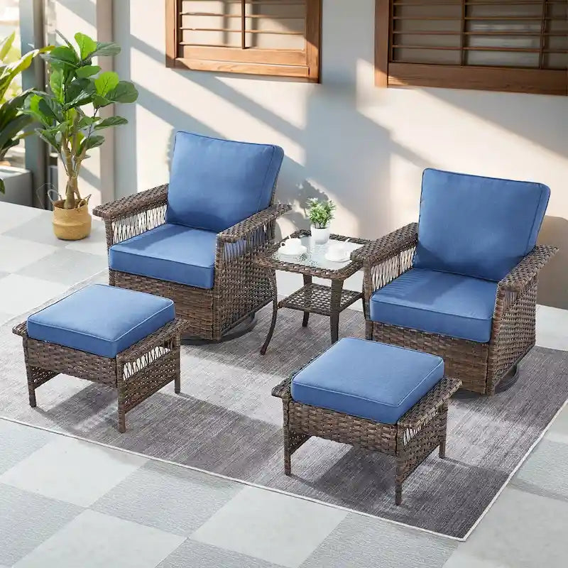 Gymojoy 3PCS Outdoor Swivel Gliders Chair Table with Ottoman - Brown