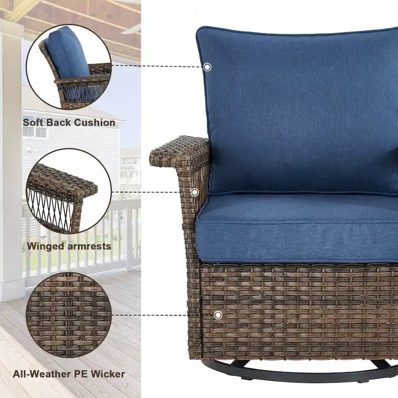 Gymojoy 3PCS Outdoor Swivel Gliders Chair Table with Ottoman - Brown