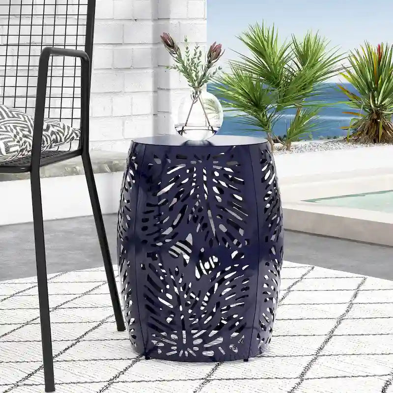 Steel Patio End Table, Round Side Table with Hollow Drum Design,Accent Table for Outdoor and Indoor Use