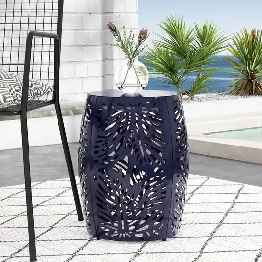 Steel Patio End Table, Round Side Table with Hollow Drum Design,Accent Table for Outdoor and Indoor Use