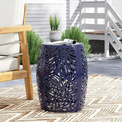 Steel Patio End Table, Round Side Table with Hollow Drum Design,Accent Table for Outdoor and Indoor Use