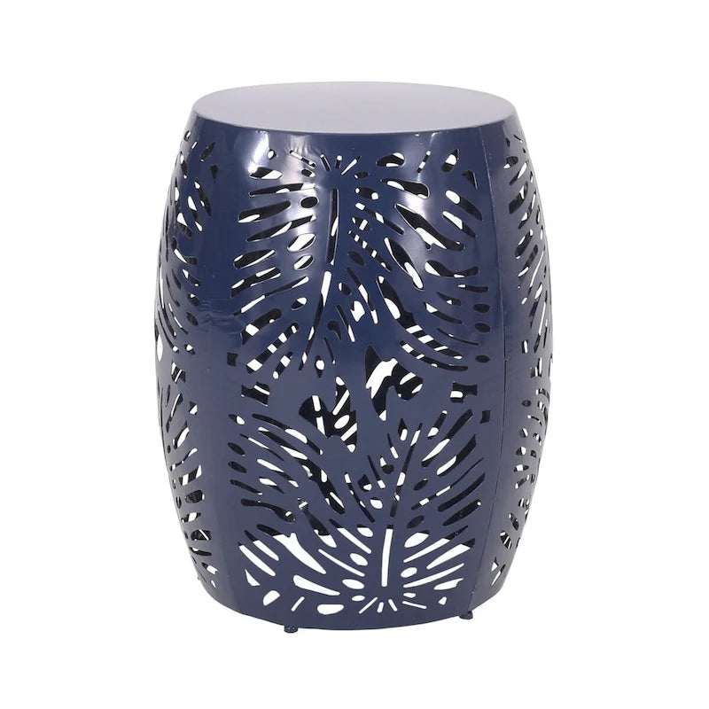 Steel Patio End Table, Round Side Table with Hollow Drum Design,Accent Table for Outdoor and Indoor Use