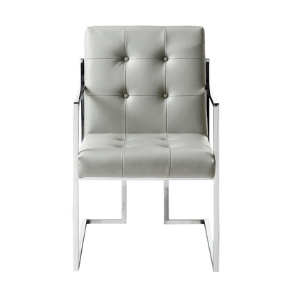 HomeRoots Set of Two Tufted Light Gray and Silver Metallic Upholstered Faux Leather Dining Arm Chairs