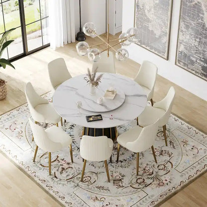 59  White Round Dining Table with Lazy Susan, Sintered Stone Tabletop - N/A