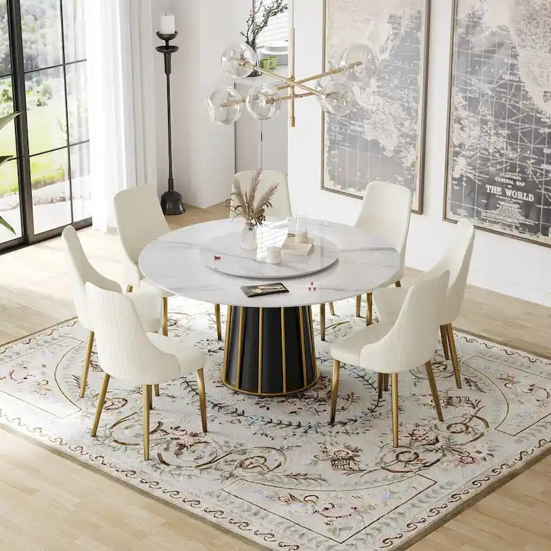59  White Round Dining Table with Lazy Susan, Sintered Stone Tabletop - N/A