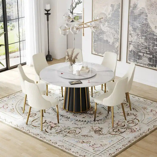 59  White Round Dining Table with Lazy Susan, Sintered Stone Tabletop - N/A