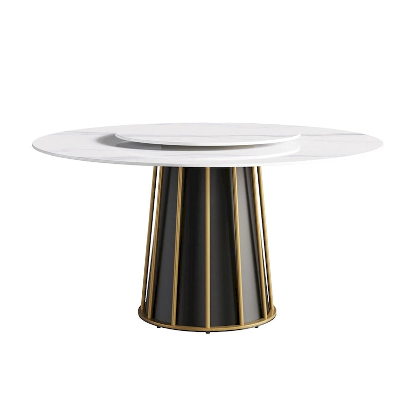 59  White Round Dining Table with Lazy Susan, Sintered Stone Tabletop - N/A