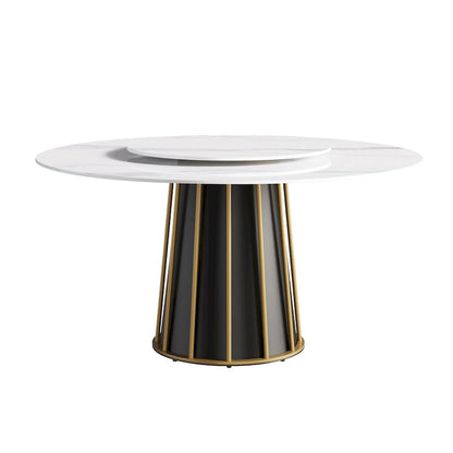 59  White Round Dining Table with Lazy Susan, Sintered Stone Tabletop - N/A