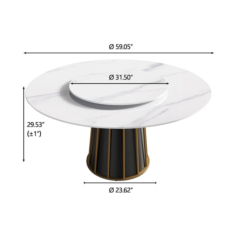 59  White Round Dining Table with Lazy Susan, Sintered Stone Tabletop - N/A