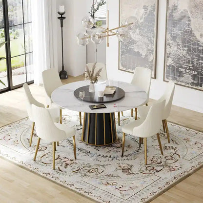 59  White Round Dining Table with Lazy Susan, Sintered Stone Tabletop - N/A