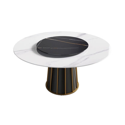 59  White Round Dining Table with Lazy Susan, Sintered Stone Tabletop - N/A