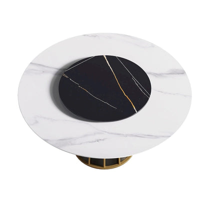 59  White Round Dining Table with Lazy Susan, Sintered Stone Tabletop - N/A