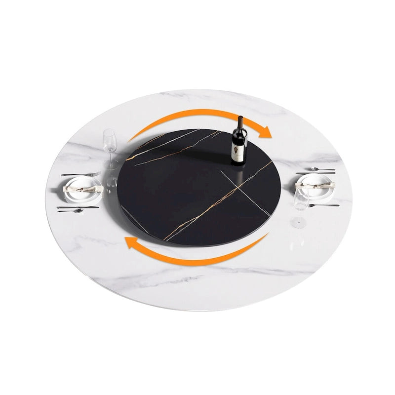 59  White Round Dining Table with Lazy Susan, Sintered Stone Tabletop - N/A