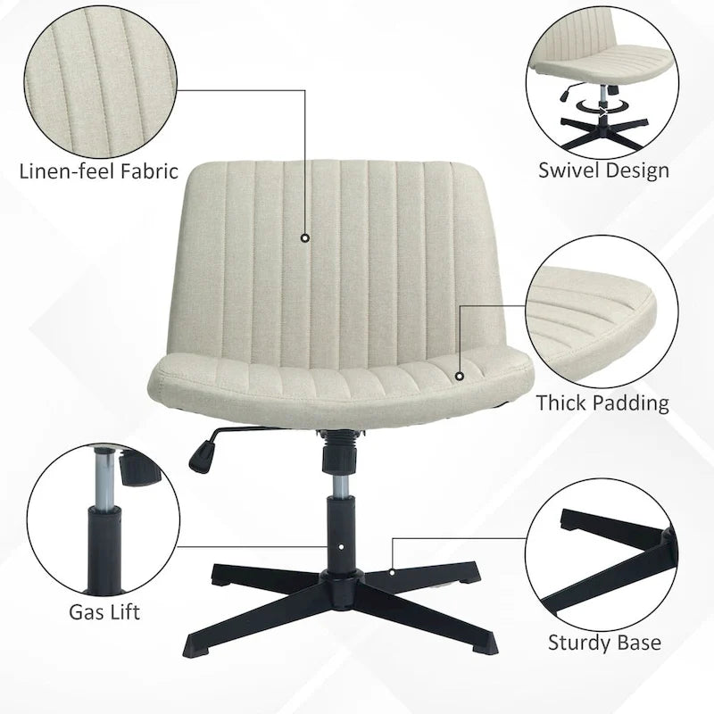 HOMCOM Wide Office Chair, Armless Office Desk Chair, Computer Fabric Vanity Chair with Adjustable Height