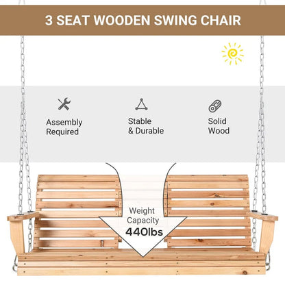 3-Seater Wooden Patio Swing Bench with Folding Coffee Table