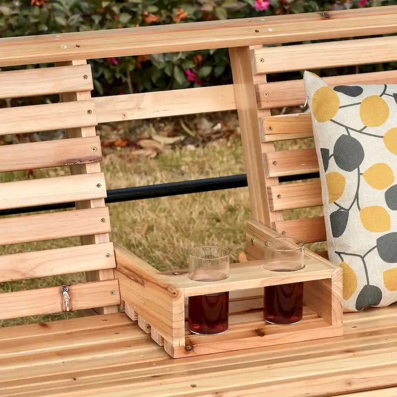 3-Seater Wooden Patio Swing Bench with Folding Coffee Table
