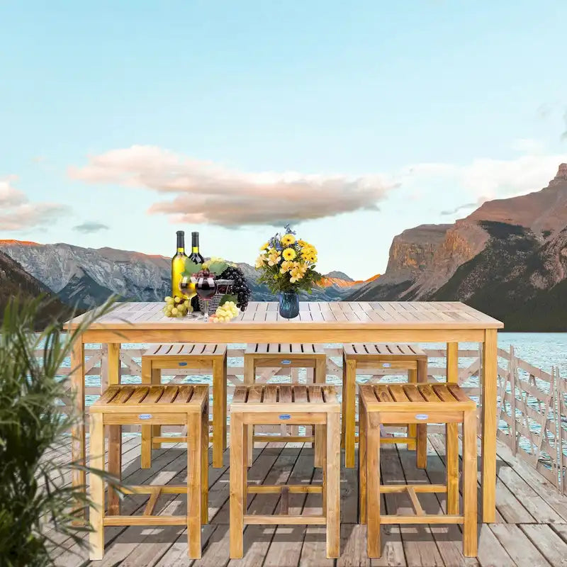 Chic Teak 7 Piece Teak Wood Antigua Patio Counter Height Bistro Set with 71  Rectangular Table and 6 Stools