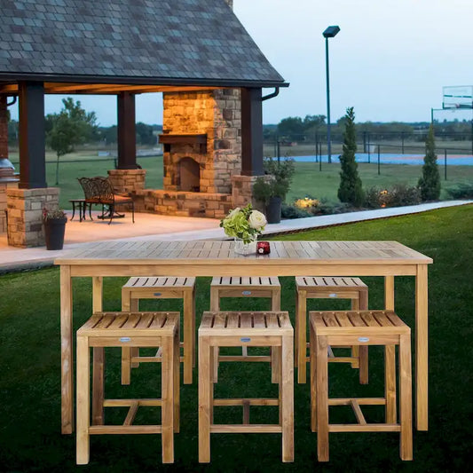 Chic Teak 7 Piece Teak Wood Antigua Patio Counter Height Bistro Set with 71  Rectangular Table and 6 Stools