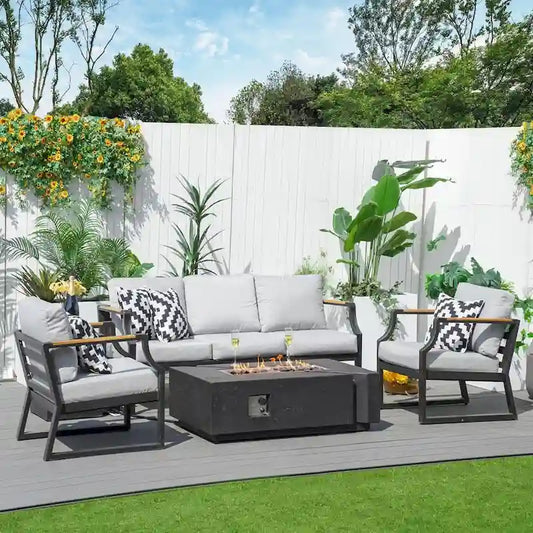 5 Piece Outdoor Conversation Set with Rectangle Cement Fire Pit Table