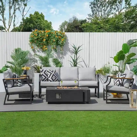 5 Piece Outdoor Conversation Set with Rectangle Cement Fire Pit Table