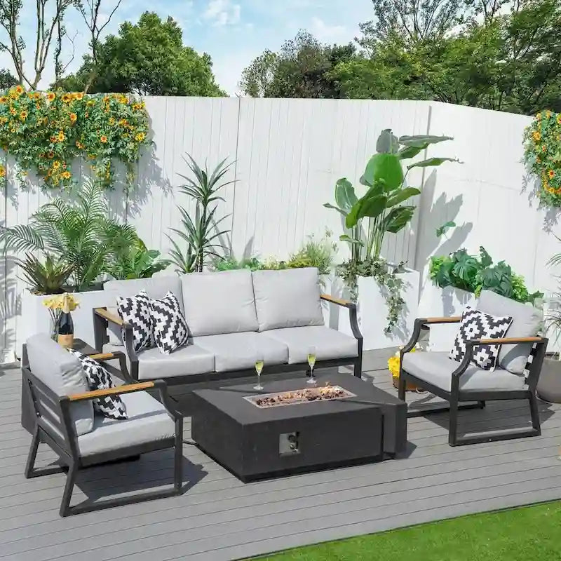 5 Piece Outdoor Conversation Set with Rectangle Cement Fire Pit Table