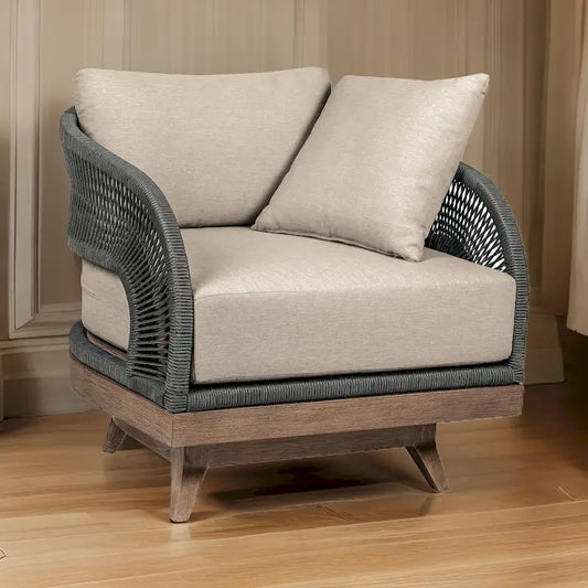 Kimi 33 Inch Outdoor Patio Swivel Accent Chair, Olefin, Gray Woven Rope