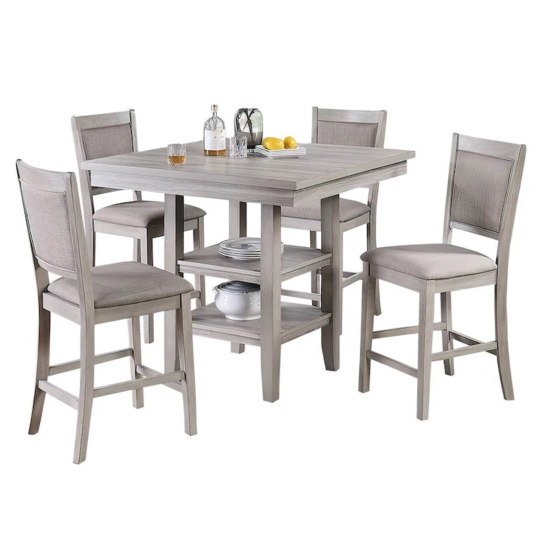 5 Piece Counter Height Dining Set, Table and 4 Chairs, Padded Seats, Gray