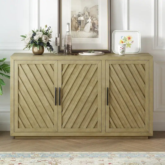 3-Door Sideboard with Adjustable Shelves and Black Handles