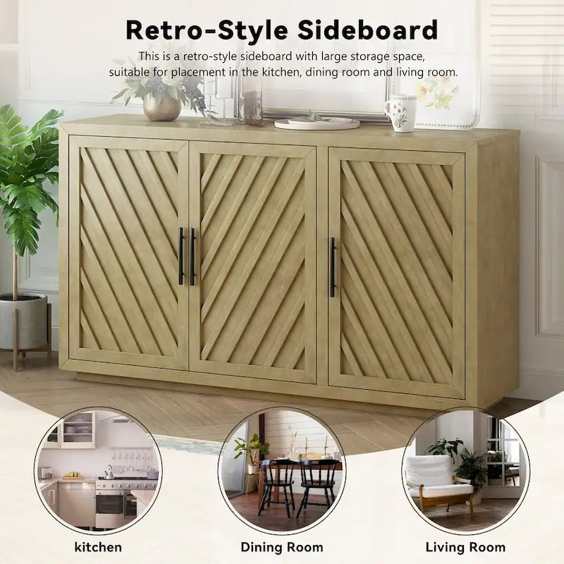 3-Door Sideboard with Adjustable Shelves and Black Handles