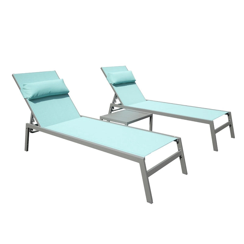 Patio Chaise Lounge Set of 3,Aluminum Pool Lounge Chairs with Side Table,Outdoor Adjustable Recliner All Weather for Poolside