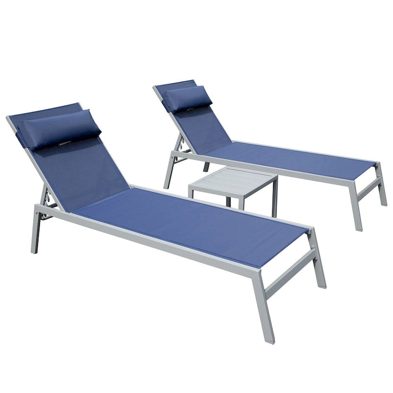 Patio Chaise Lounge Set of 3,Aluminum Pool Lounge Chairs with Side Table,Outdoor Adjustable Recliner All Weather for Poolside