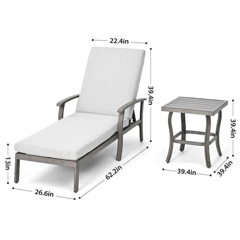 1-Piece Aluminum Patio Chaise Lounge with Side Table and Gray Cushions