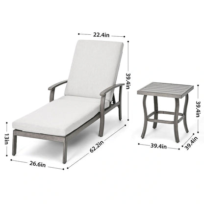 1-Piece Aluminum Patio Chaise Lounge with Side Table and Gray Cushions
