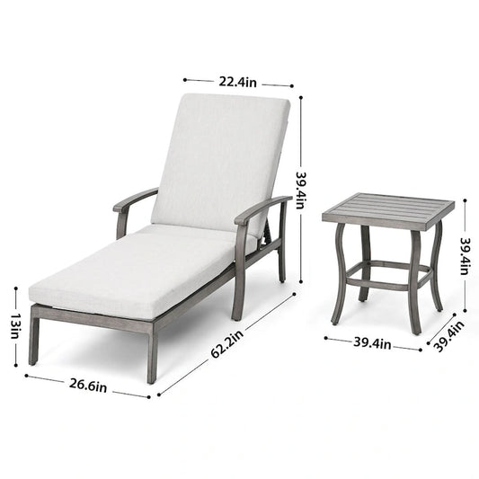 1-Piece Aluminum Patio Chaise Lounge with Side Table and Gray Cushions