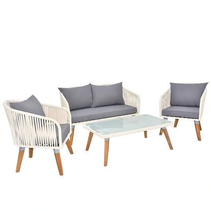 4 Piece Patio Furniture Set White Rope & Grey Cushion Iron Acacia Wood