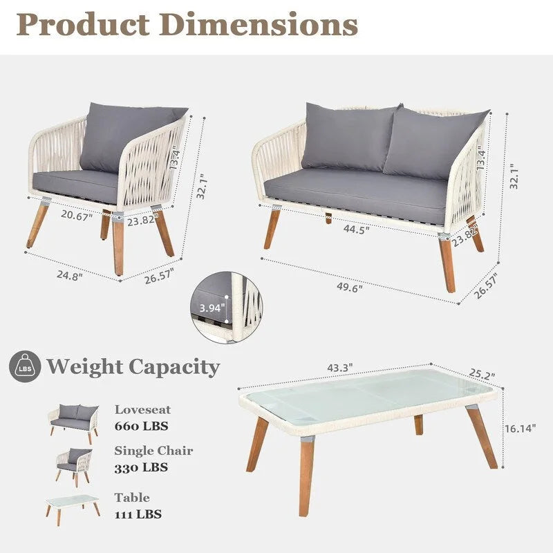 4 Piece Patio Furniture Set White Rope & Grey Cushion Iron Acacia Wood