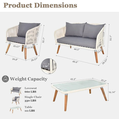 4 Piece Patio Furniture Set White Rope & Grey Cushion Iron Acacia Wood