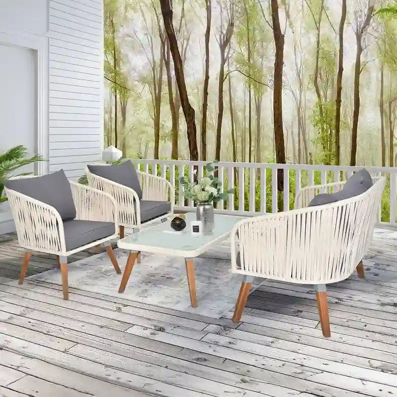 4 Piece Patio Furniture Set White Rope & Grey Cushion Iron Acacia Wood