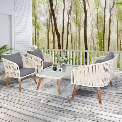 4 Piece Patio Furniture Set White Rope & Grey Cushion Iron Acacia Wood