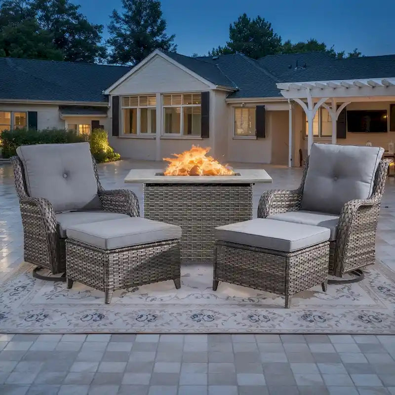 Patio Glider Chair Set with Fire Pit Table - Grey