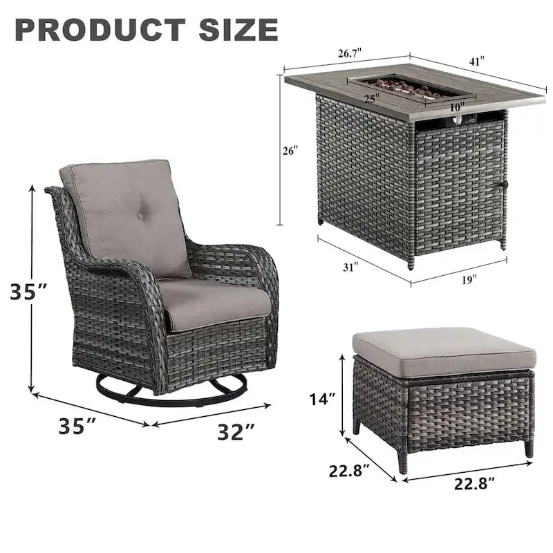 Patio Glider Chair Set with Fire Pit Table - Grey